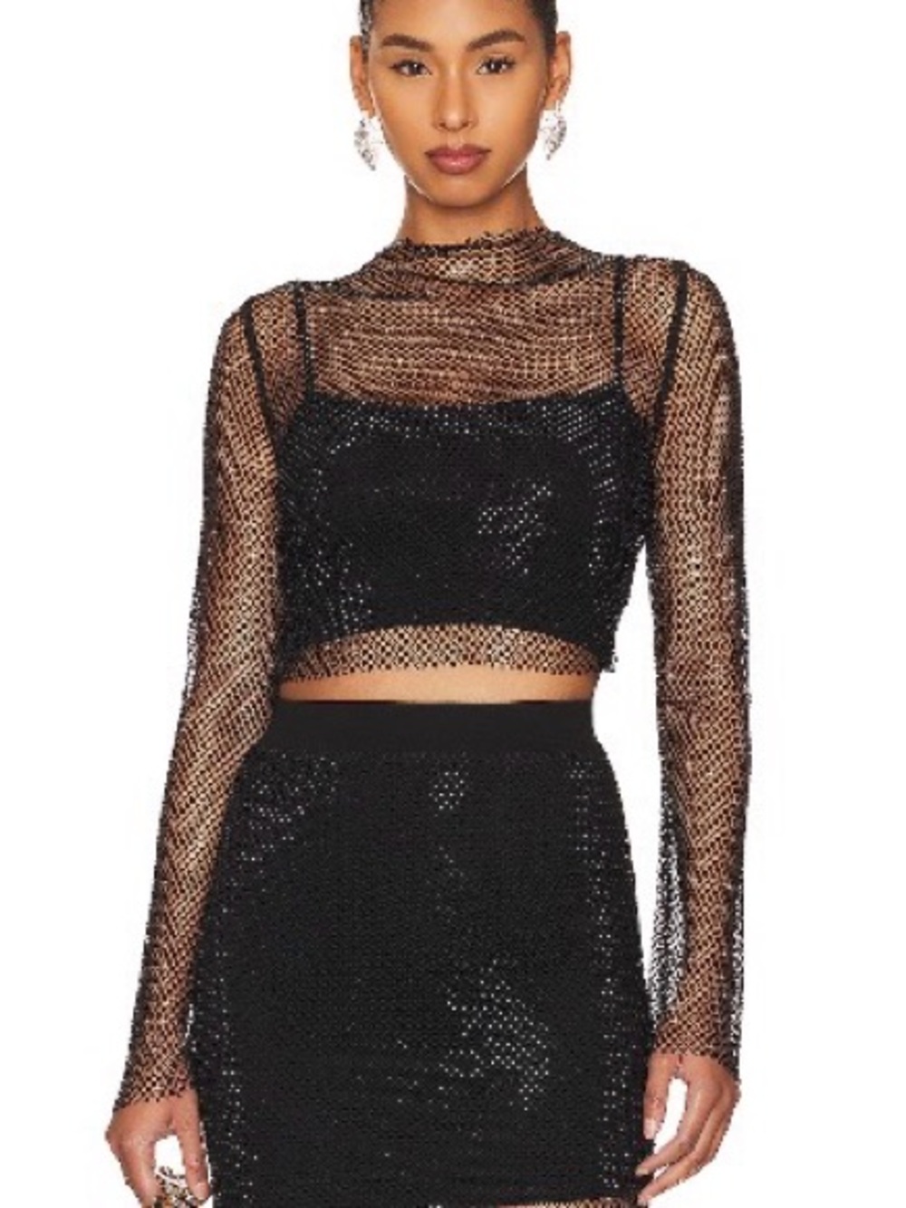 NICHOLAS Anniel long sleeve crystal fishnet crop top